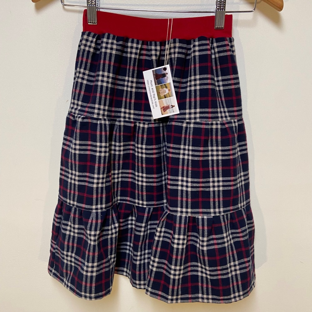 Girls Flannel Mom and Pop's Kids Midi Skirt Sz 6 Navy Red Plaid Upcycled Cotton